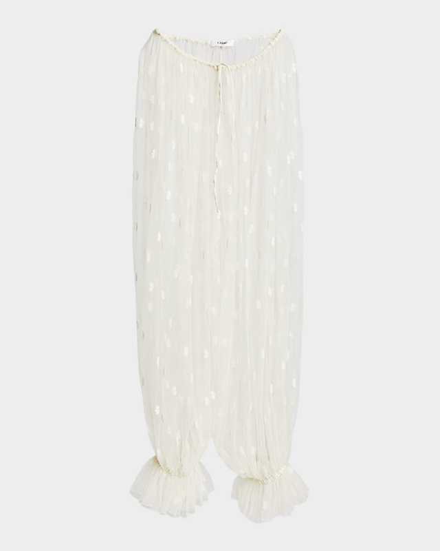 Embroidered Tulle Wide-Leg Ruffle Trousers